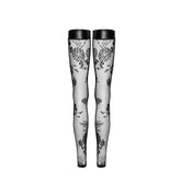 Noir Handmade Tulle Stockings With Patterned Flock Embroidery and Power Wetlook Band Black Her Fetish